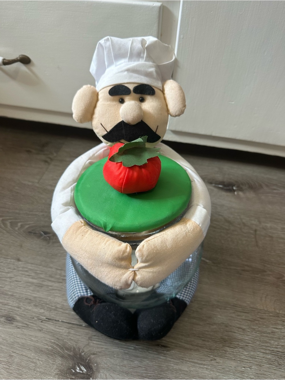 Chef Doll Glass Storage Jar with Red Tomato Lid Accent